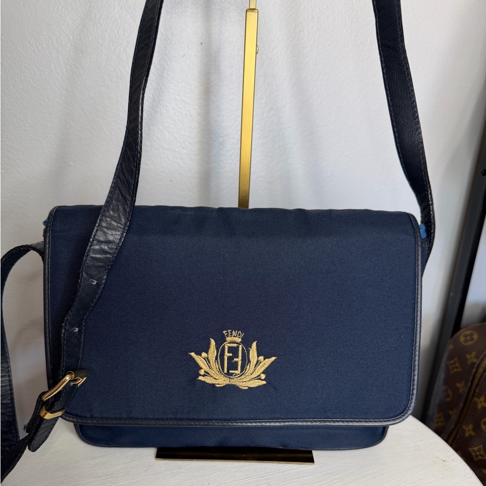 FENDI Roma Vintage Blue Nylon Shoulder Crossbody Bag + Auth Card